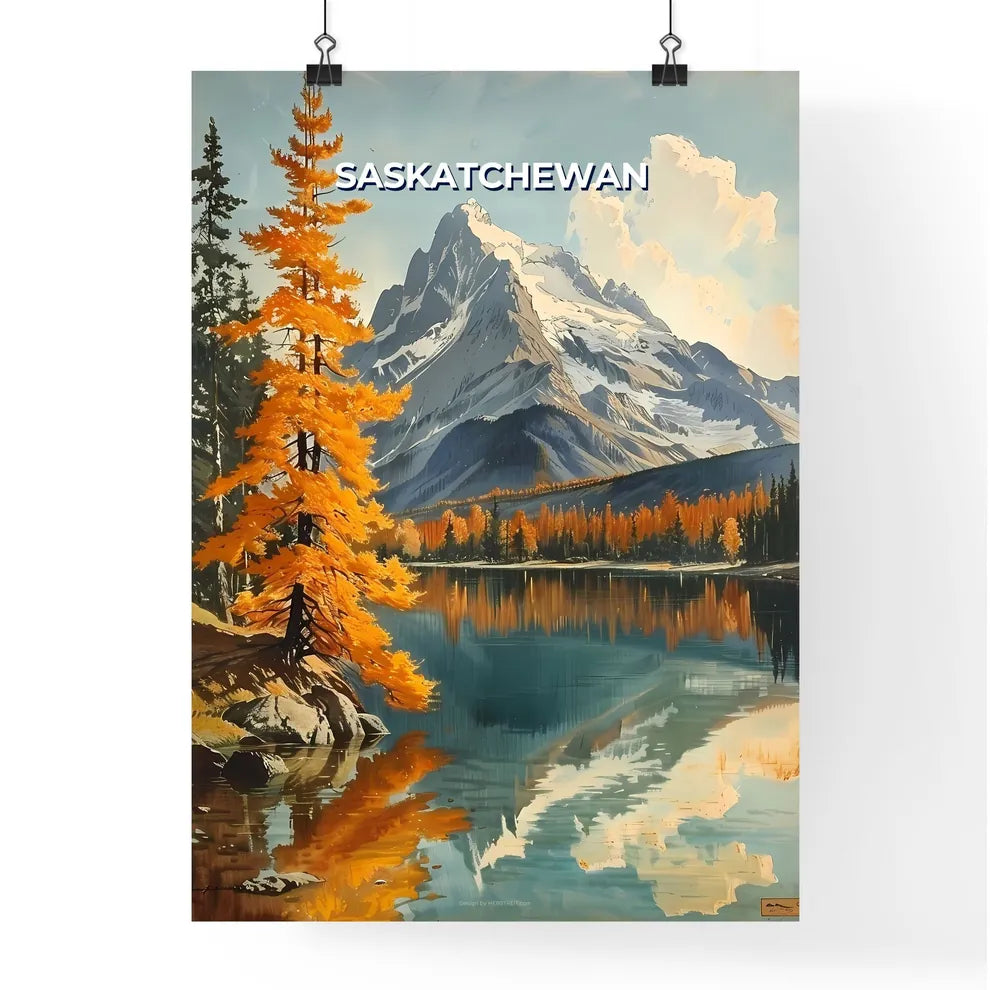 Vibrant Oil Painting of Mountain Lake and Sn Poster