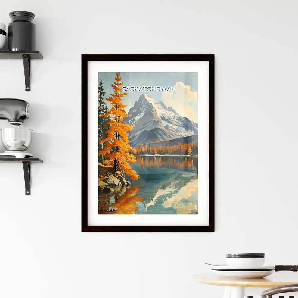 Vibrant Oil Painting of Mountain Lake and Sn Framed Print