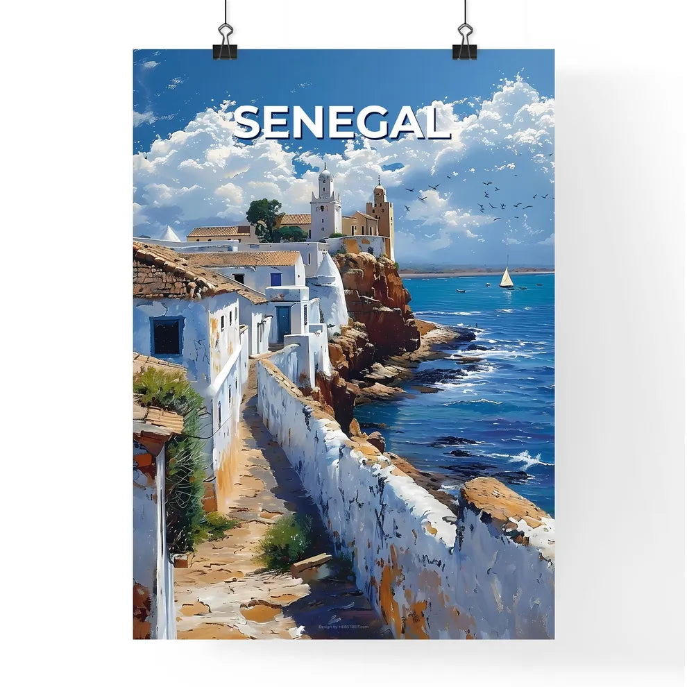 Energetic Painting of White Building on Cliff near Water in Senegal, Africa Poster