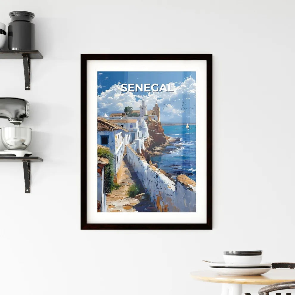 Energetic Painting of White Building on Cliff near Water in Senegal, Africa Custom Print