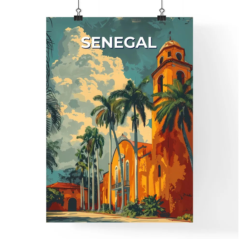 Senegal, Africa - Colorful & Vibrant Painting of a Building with Palm Trees Poster