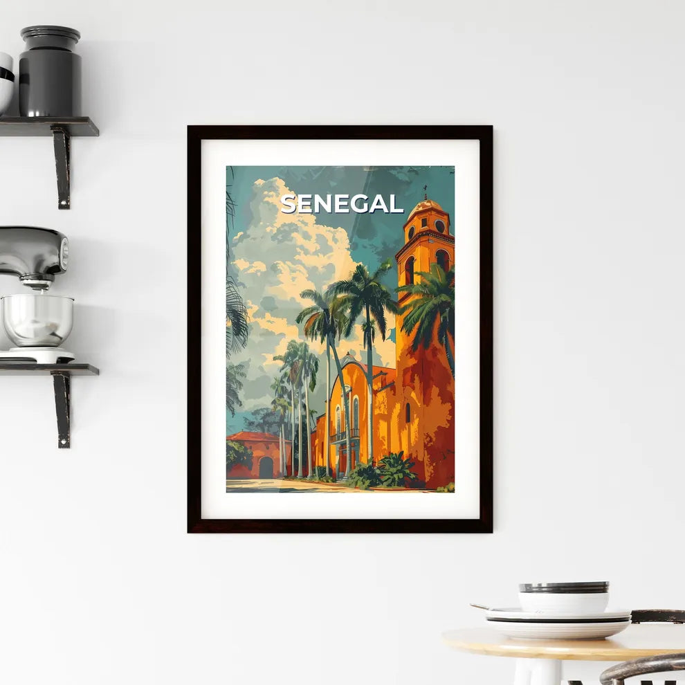 Senegal, Africa - Colorful & Vibrant Painting of a Building with Palm Trees Custom Print