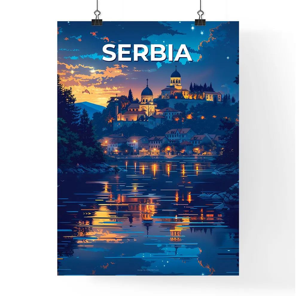 Vibrant Painting of City on Hill with Buildings, Trees, and Body of Water in Serbia, Europe Poster