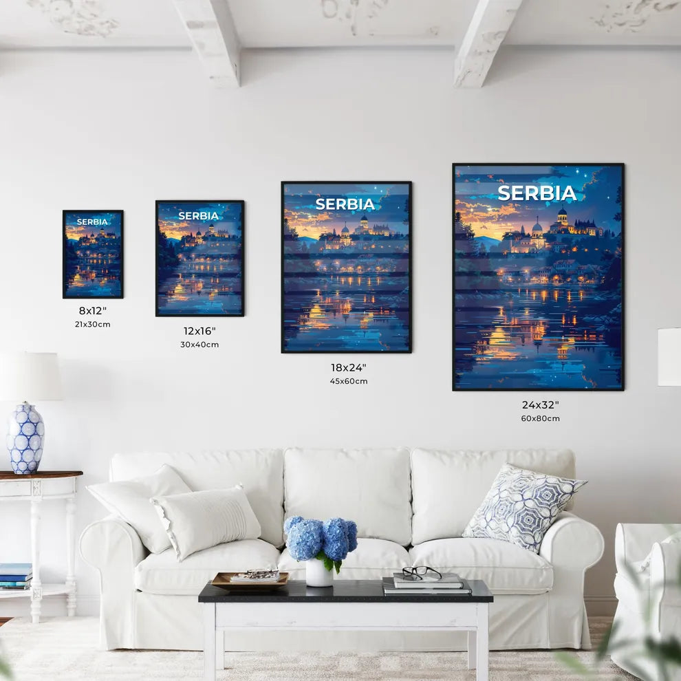 Vibrant Painting of City on Hill with Buildings, Trees, and Body of Water in Serbia, Europe Size Chart