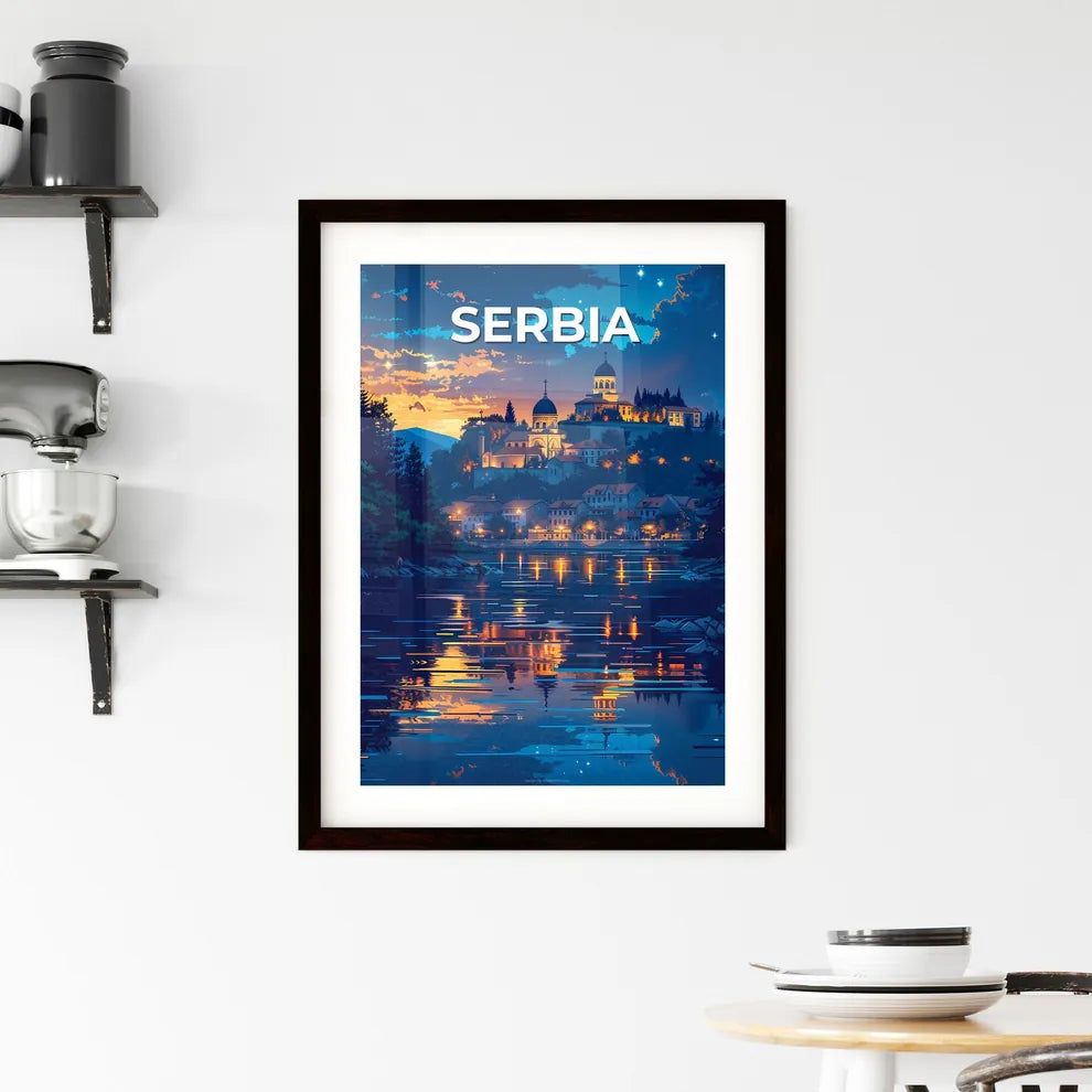 Vibrant Painting of City on Hill with Buildings, Trees, and Body of Water in Serbia, Europe Custom Print