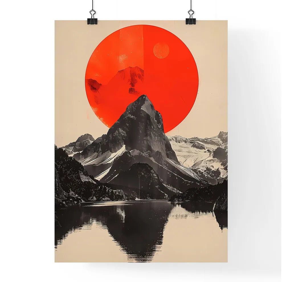 Crimson Disc Over Mountain Peaks Poster