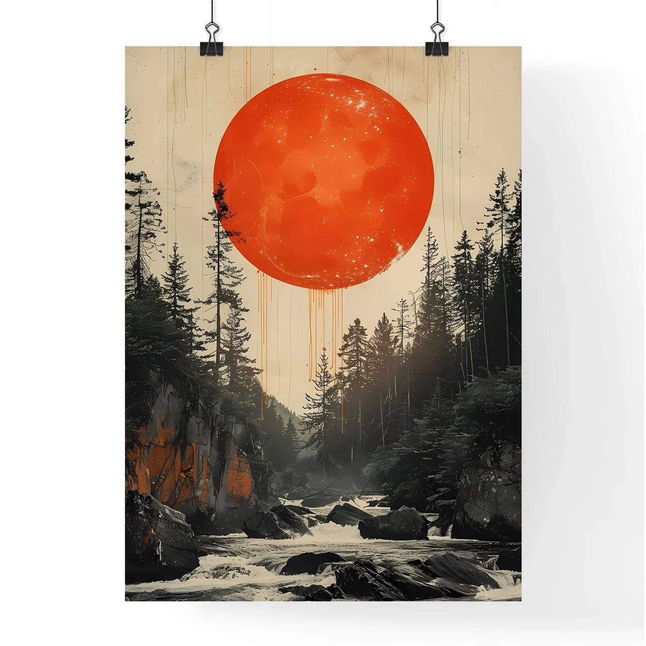 Minimalist Forest Red Moon Circle Collage Ar Poster