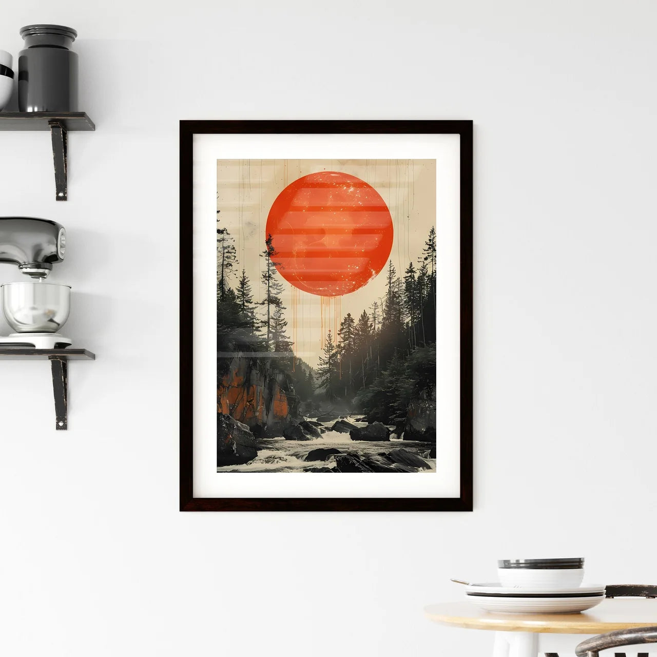 Minimalist Forest Red Moon Circle Collage Ar Framed Print