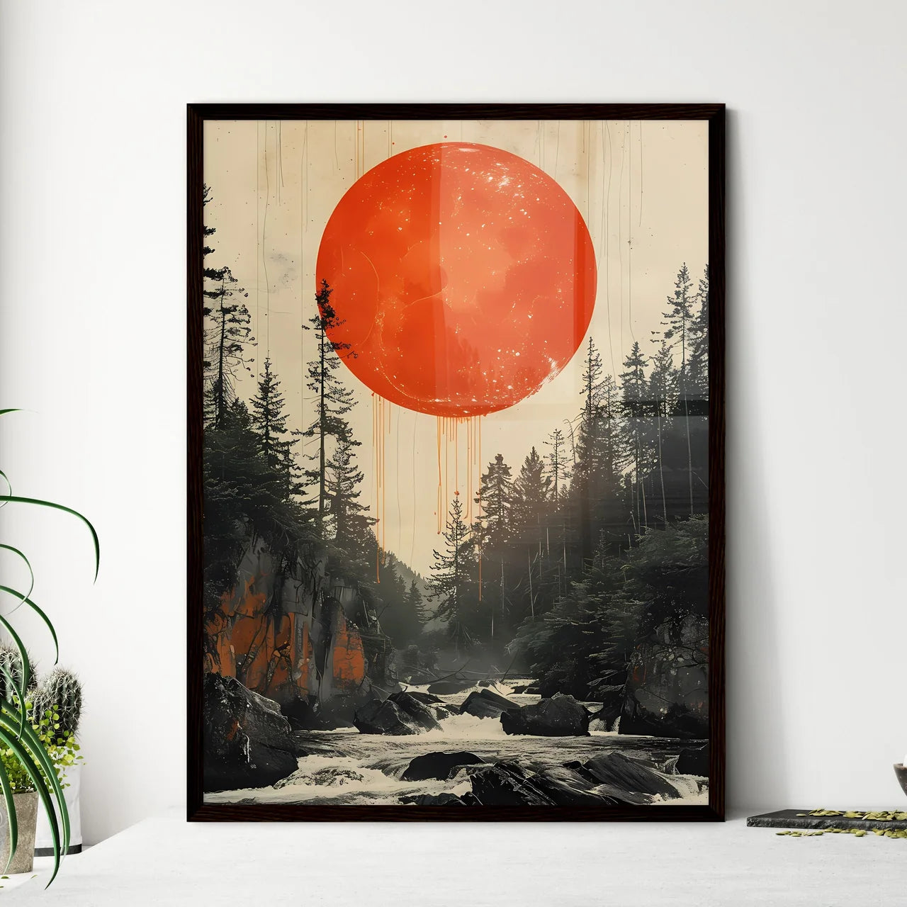 Minimalist Forest Red Moon Circle Collage Ar - Framed Art Print