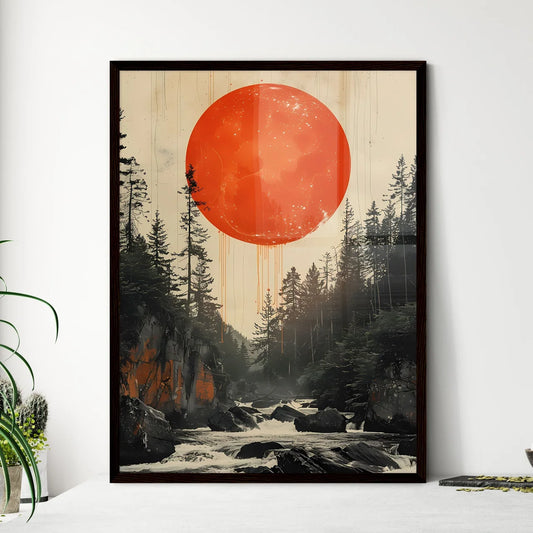 Minimalist Forest Red Moon Circle Collage Ar - Framed Art Print