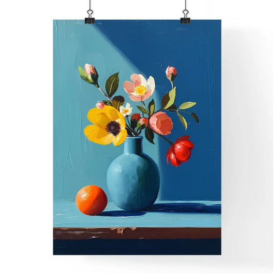 Blue vase and orange flower still life paint Poster