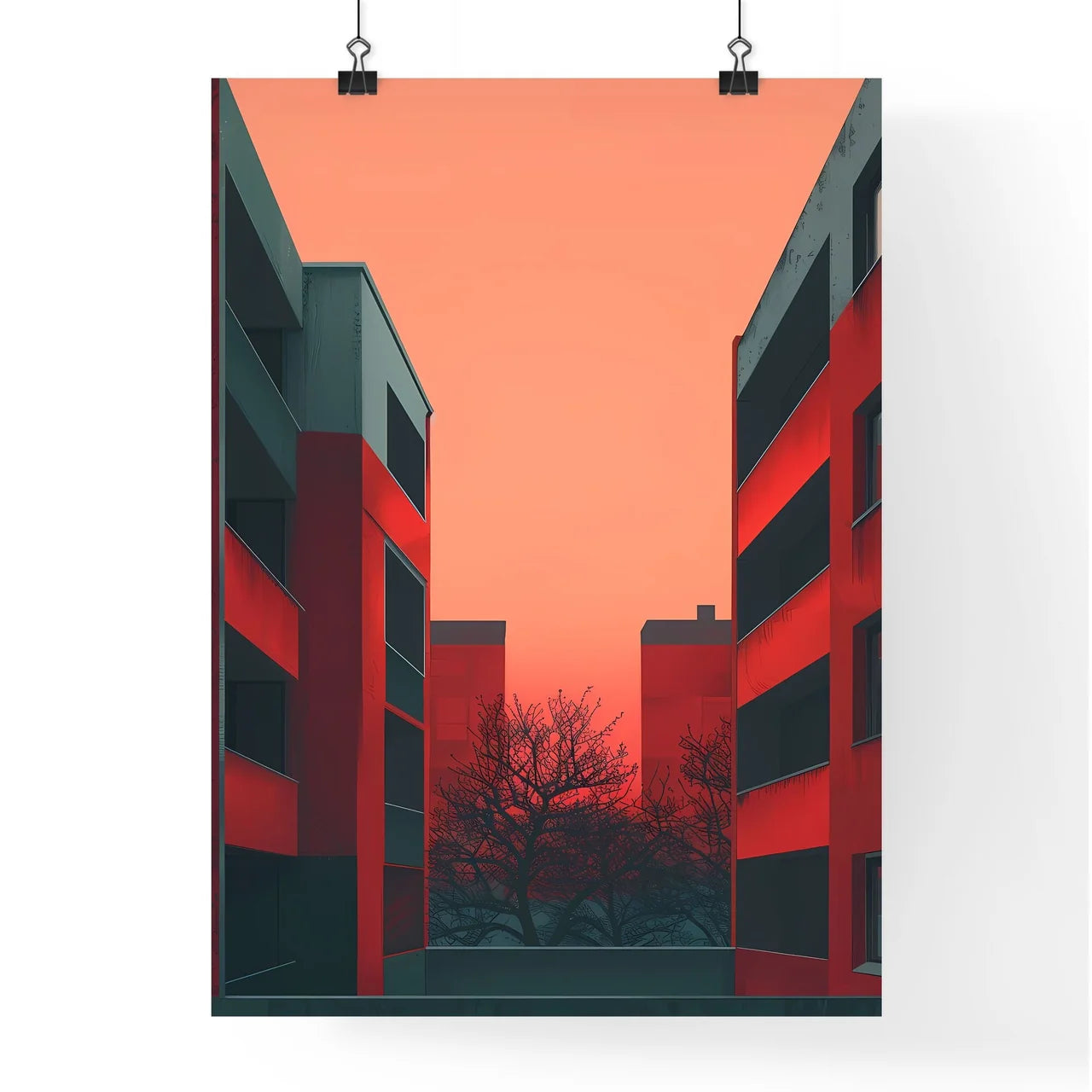 Minimalist Brutalist Art - Vibrant Painting of a Red and Gray Building with Nature Poster