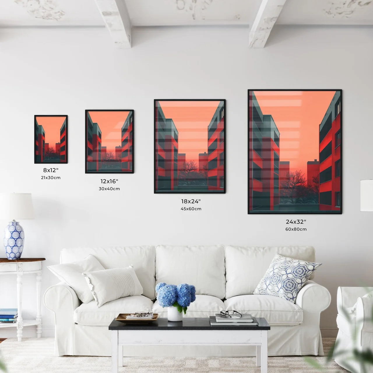 Minimalist Brutalist Art - Vibrant Painting of a Red and Gray Building with Nature Size Chart