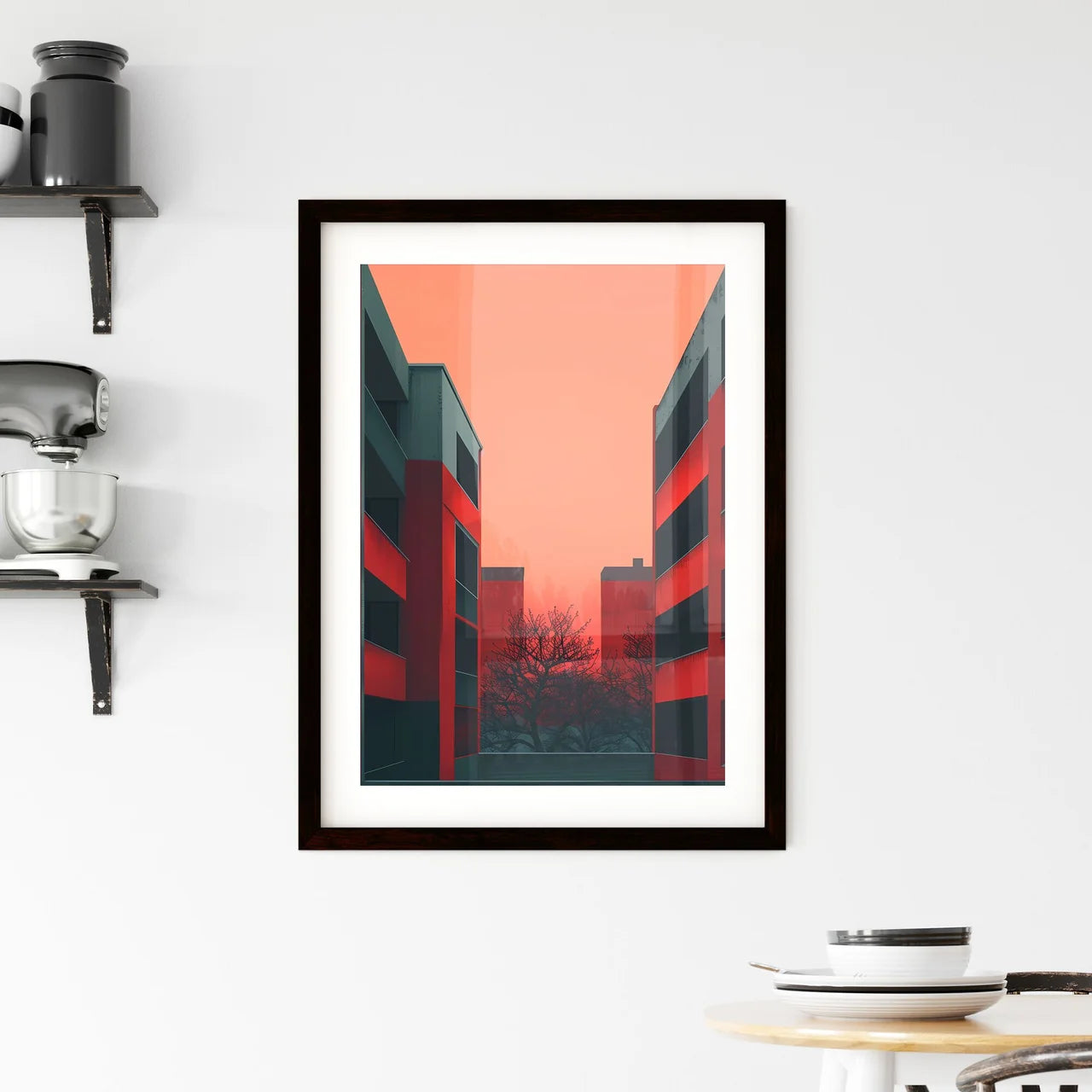 Minimalist Brutalist Art - Vibrant Painting of a Red and Gray Building with Nature Custom Print