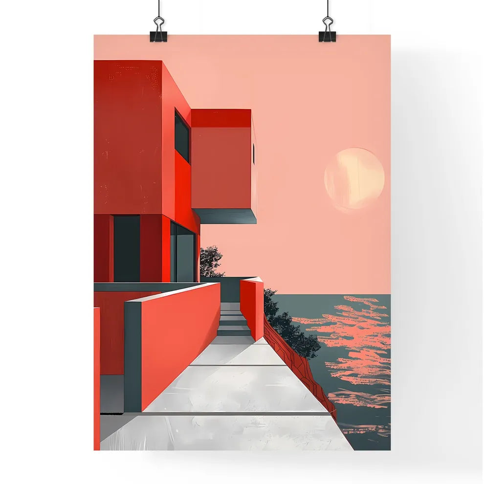 Minimalist Brutalism Art: Red Building Under Sun Poster