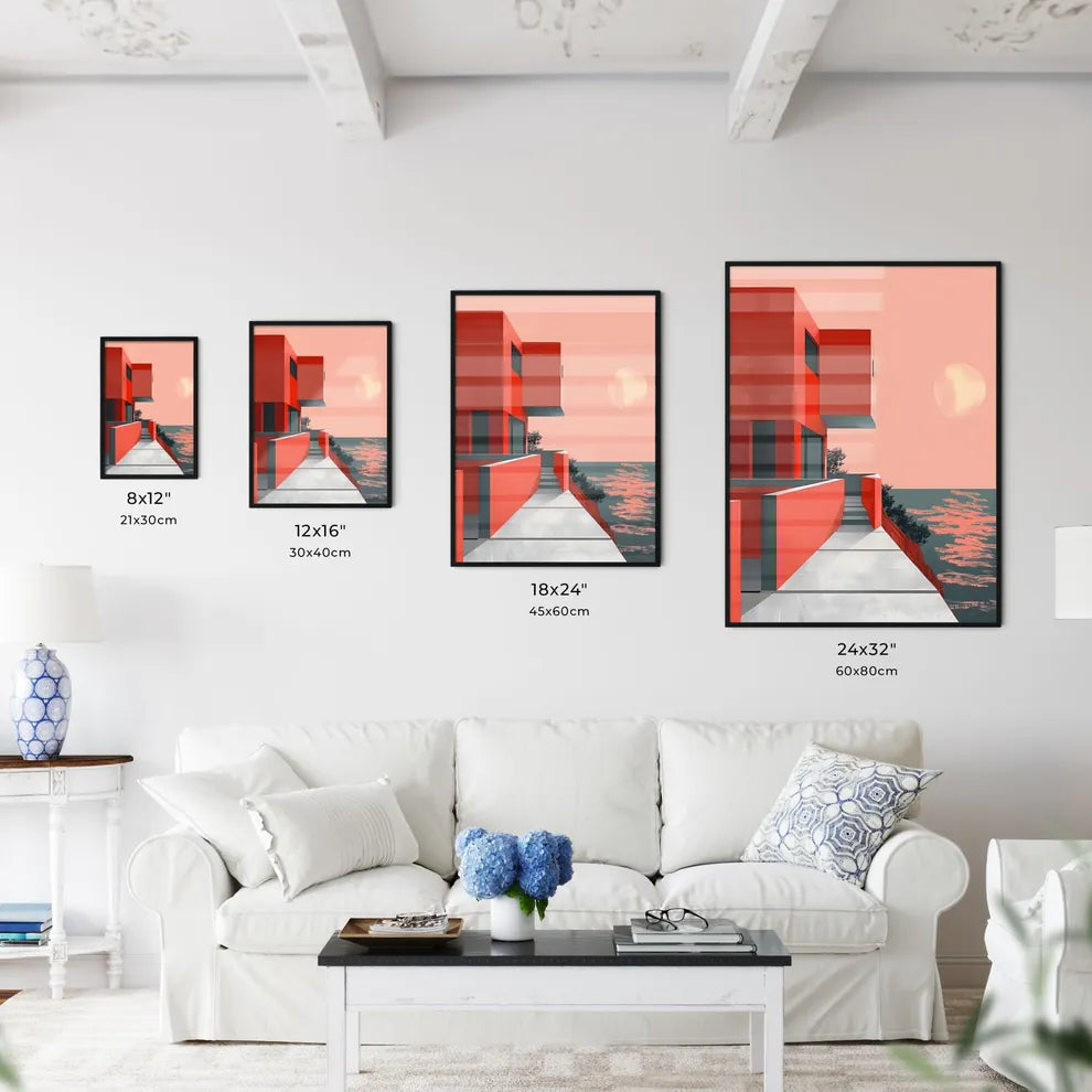 Minimalist Brutalism Art: Red Building Under Sun Size Chart