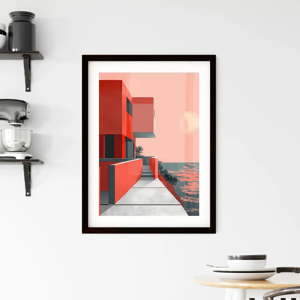 Minimalist Brutalism Art: Red Building Under Sun Custom Print