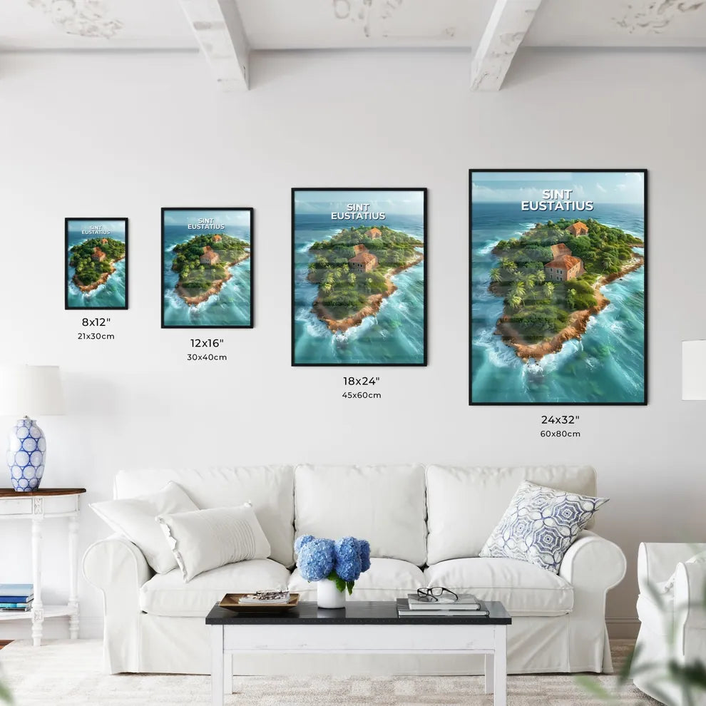 Vibrant Artistic Painting Depicting Colorful Houses and Trees on Sint Eustatius Island, North America Size Chart