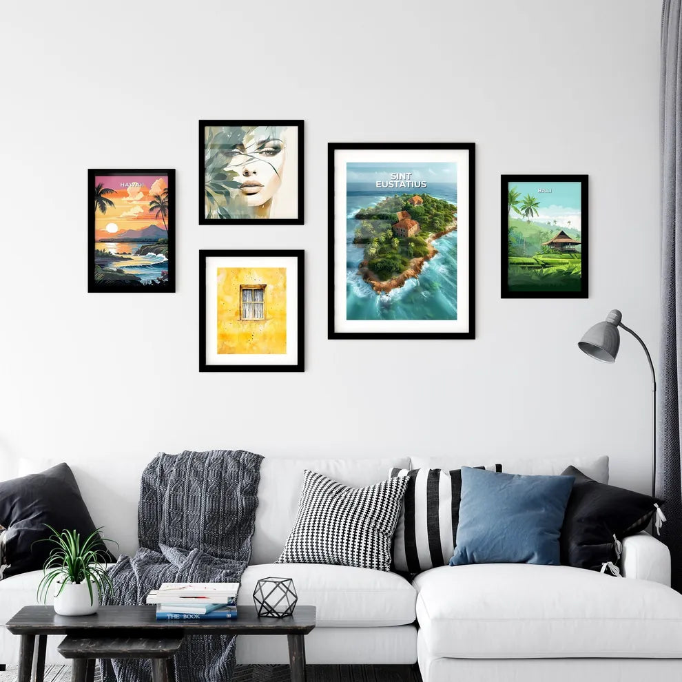 Vibrant Artistic Painting Depicting Colorful Houses and Trees on Sint Eustatius Island, North America Interior Design