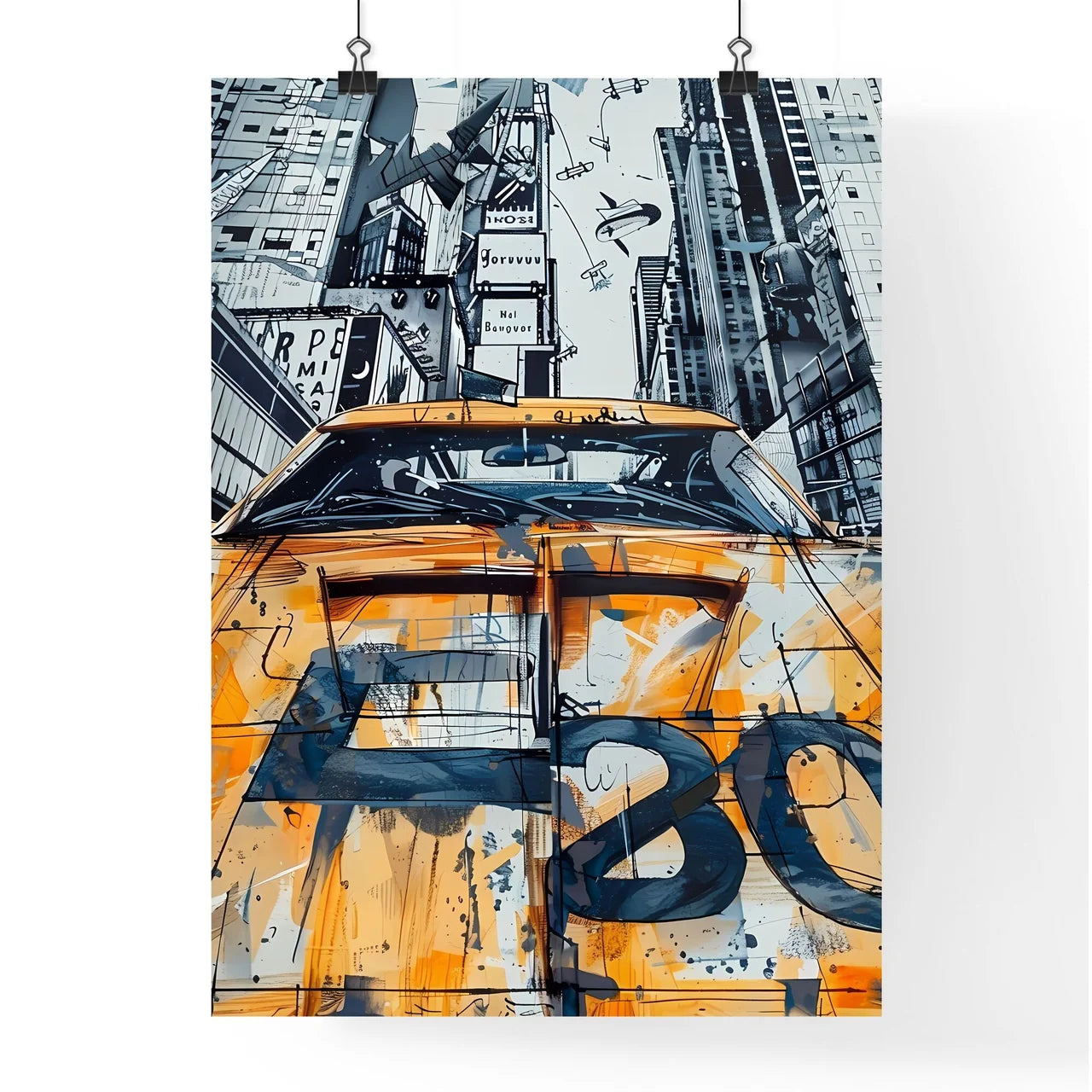 Yellow Car City Skyline Superhero Art Collage Poster