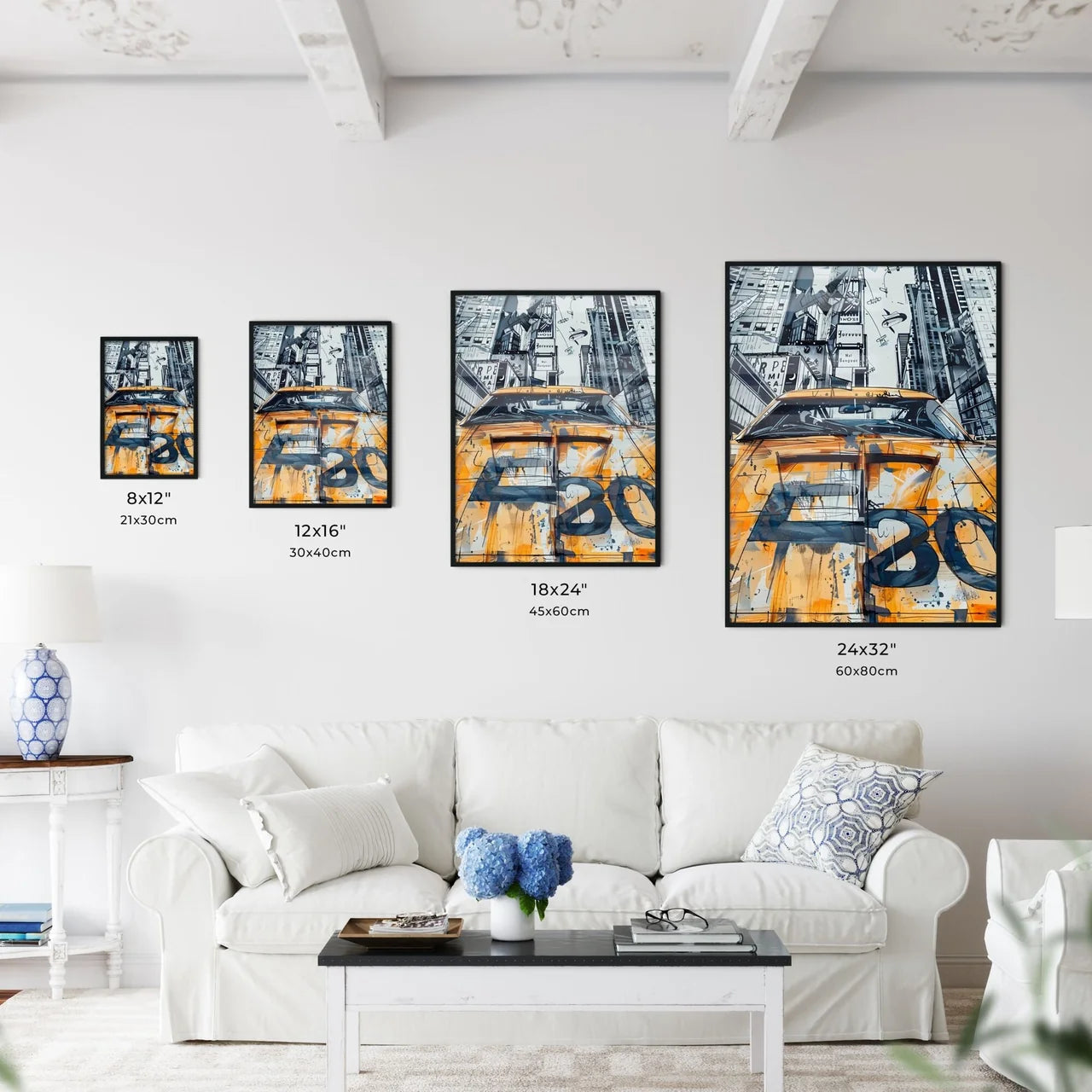 Yellow Car City Skyline Superhero Art Collage Size Chart