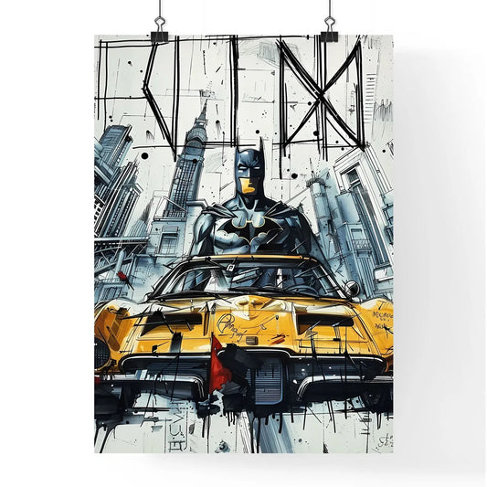 Comic Book Cover of a Superhero in a Yellow Car: Vibrant Painting with Superheroes and Cars Poster