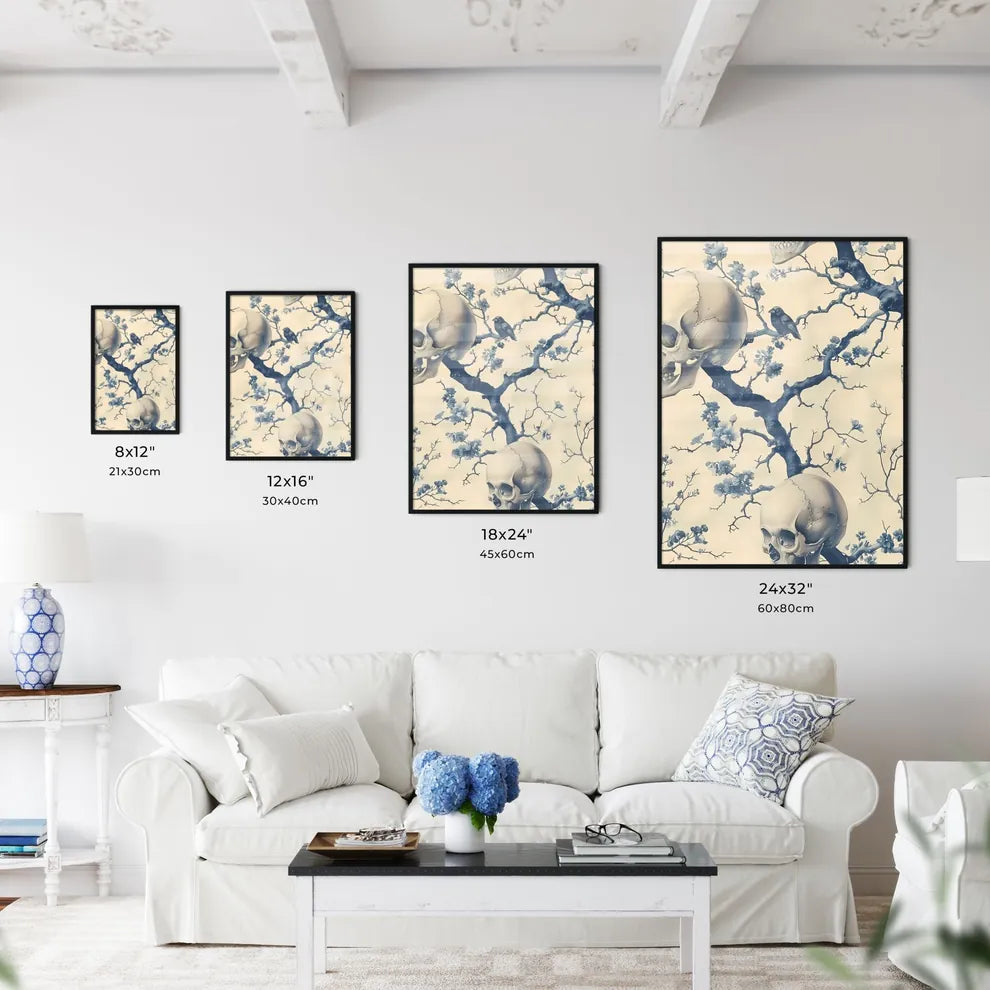 Blue and white chinoiserie wallpaper with skulls Size Chart