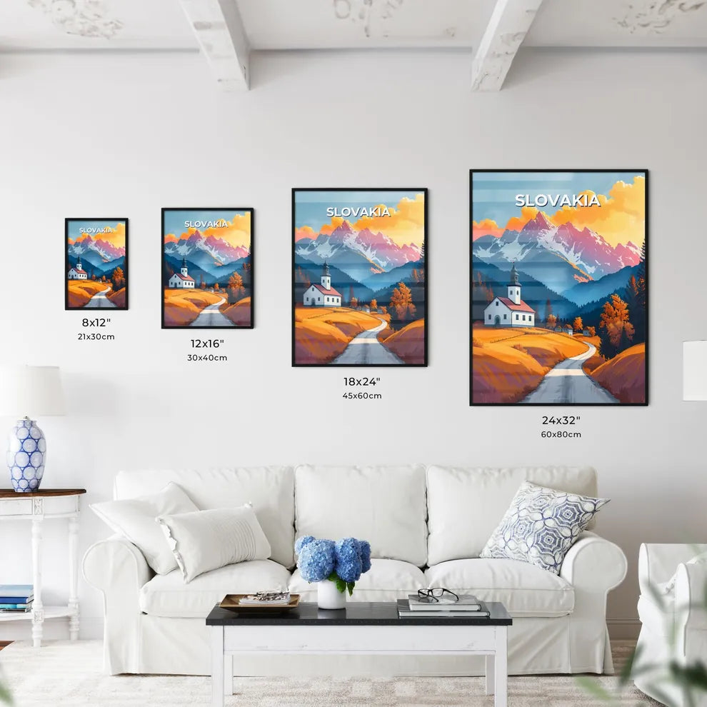 Vibrant Painting of a Road Leading to a Village Church in Slovakia, Europe Size Chart