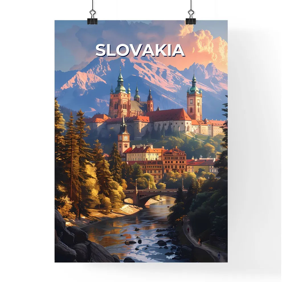 Artistic Impression of a Scenic Slovakian Town by a River with Castle and Mountains Poster