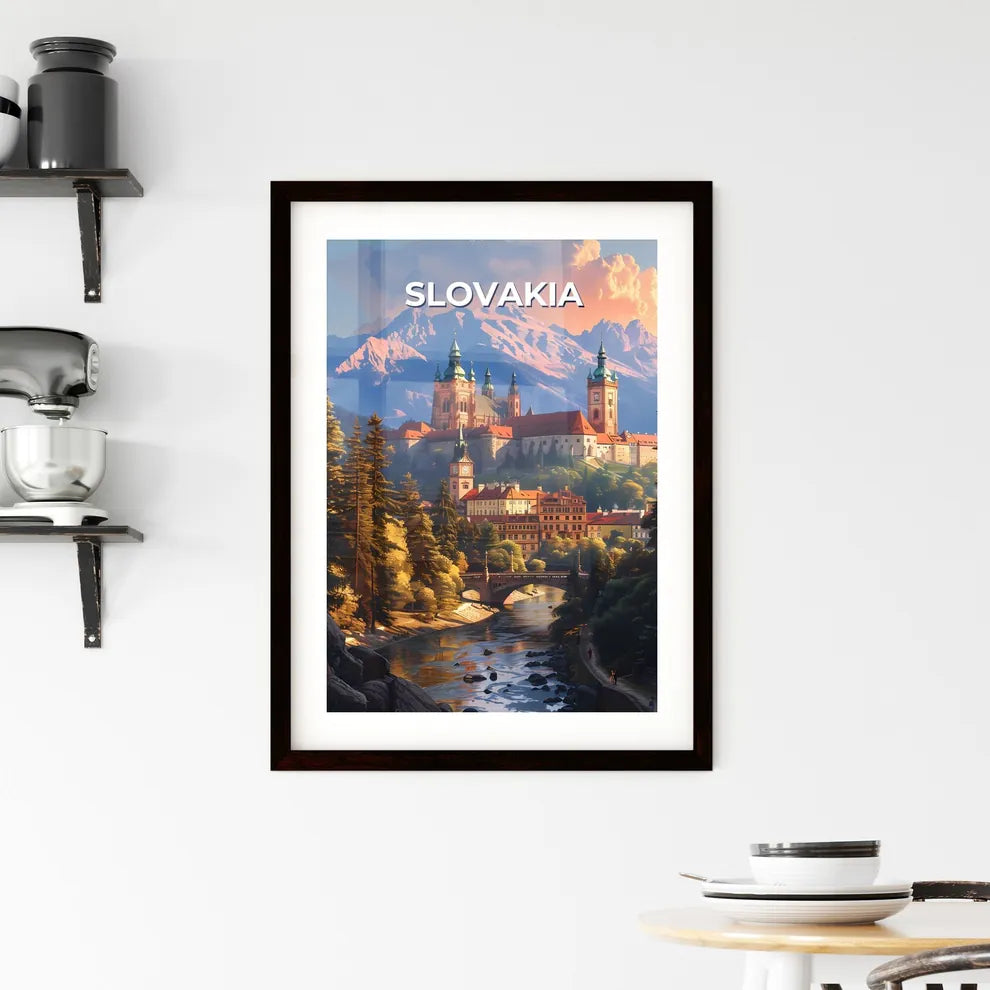 Artistic Impression of a Scenic Slovakian Town by a River with Castle and Mountains Custom Print
