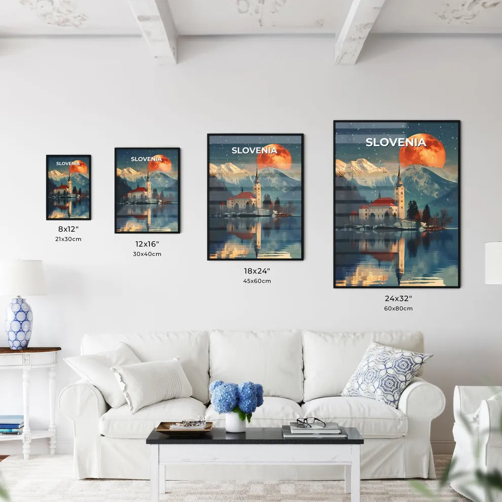Vibrant Art: Painting of a Building by a Lake in Slovenia with Mountain Backdrop Size Chart
