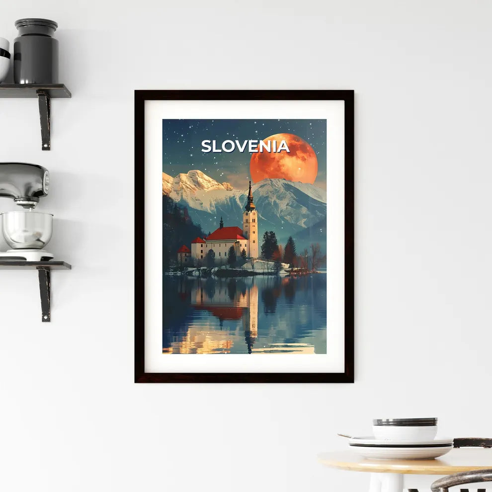 Vibrant Art: Painting of a Building by a Lake in Slovenia with Mountain Backdrop Custom Print