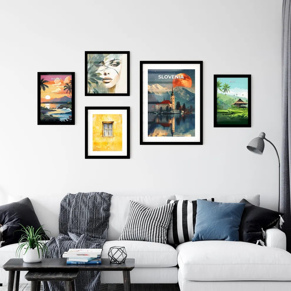 Vibrant Art: Painting of a Building by a Lake in Slovenia with Mountain Backdrop Interior Design