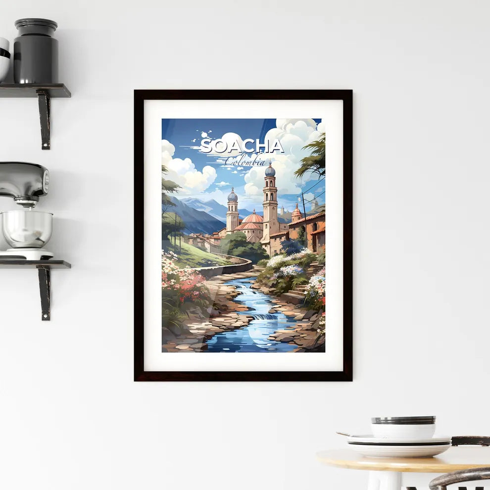 Vibrant Painting of Soacha, Colombia Skyline Featuring River and Urban Landscape Default Title