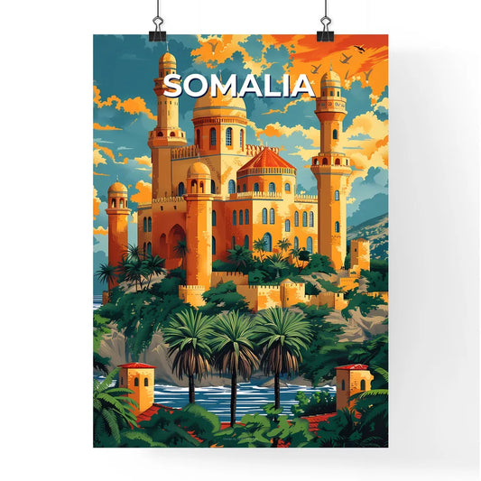 Vibrant African Art: Majestic Somali Castle on Hill with Palm Trees Poster