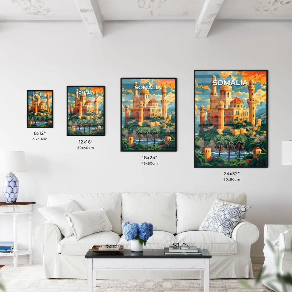 Vibrant African Art: Majestic Somali Castle on Hill with Palm Trees Size Chart