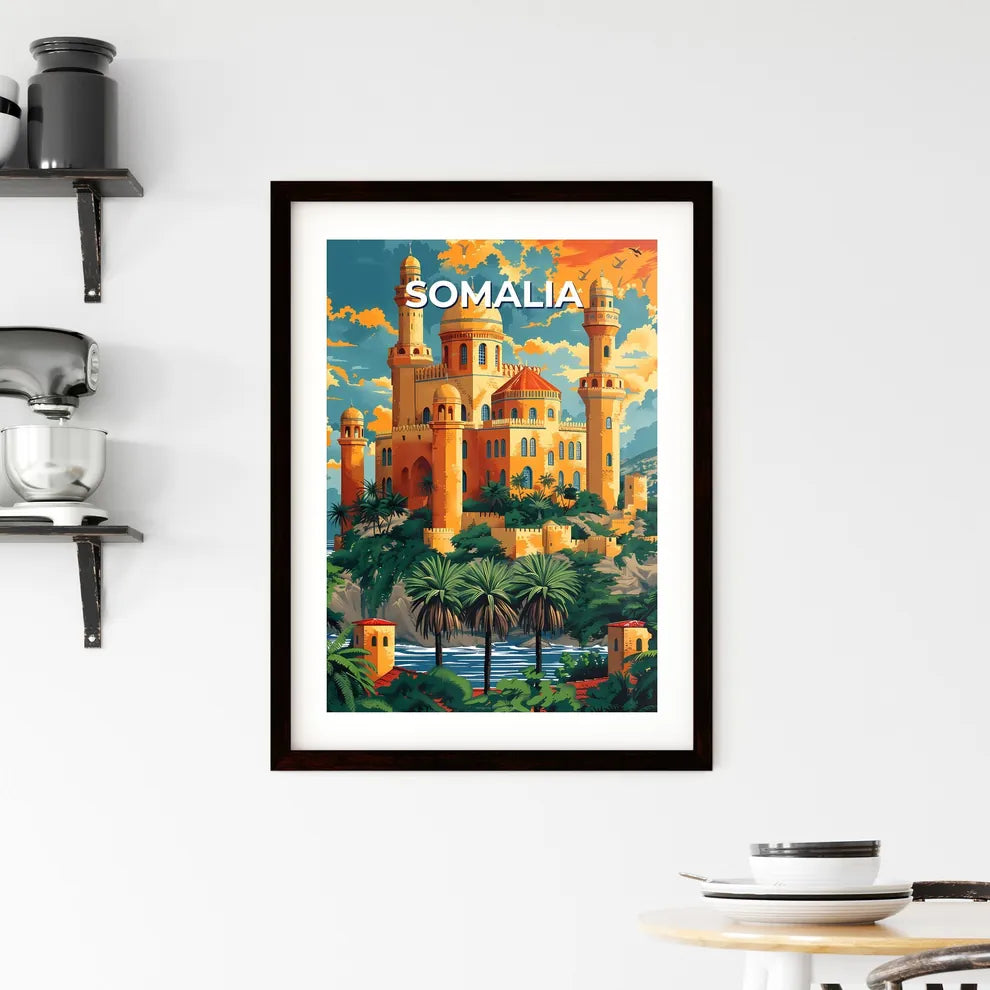 Vibrant African Art: Majestic Somali Castle on Hill with Palm Trees Custom Print