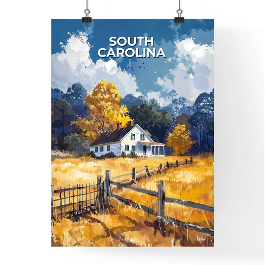 Vibrant Landscape Painting: South Carolina Field House with Trees and Fence Poster