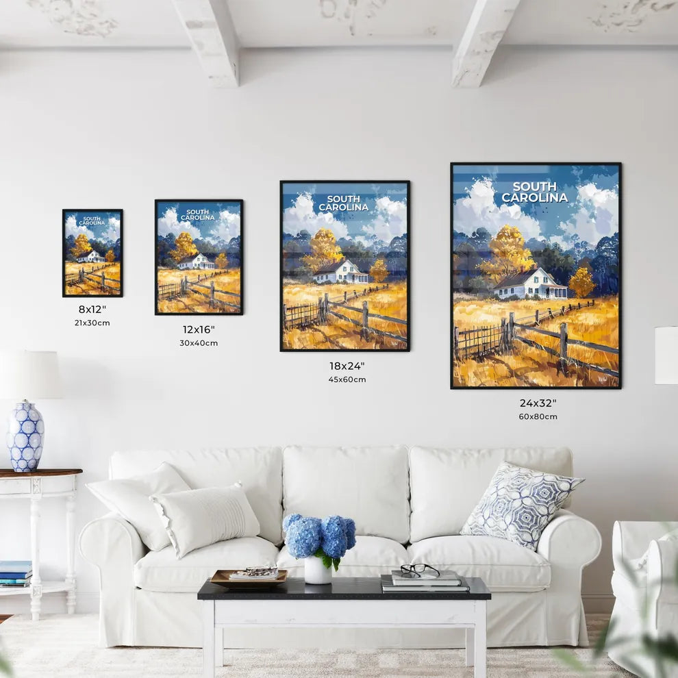 Vibrant Landscape Painting: South Carolina Field House with Trees and Fence Size Chart