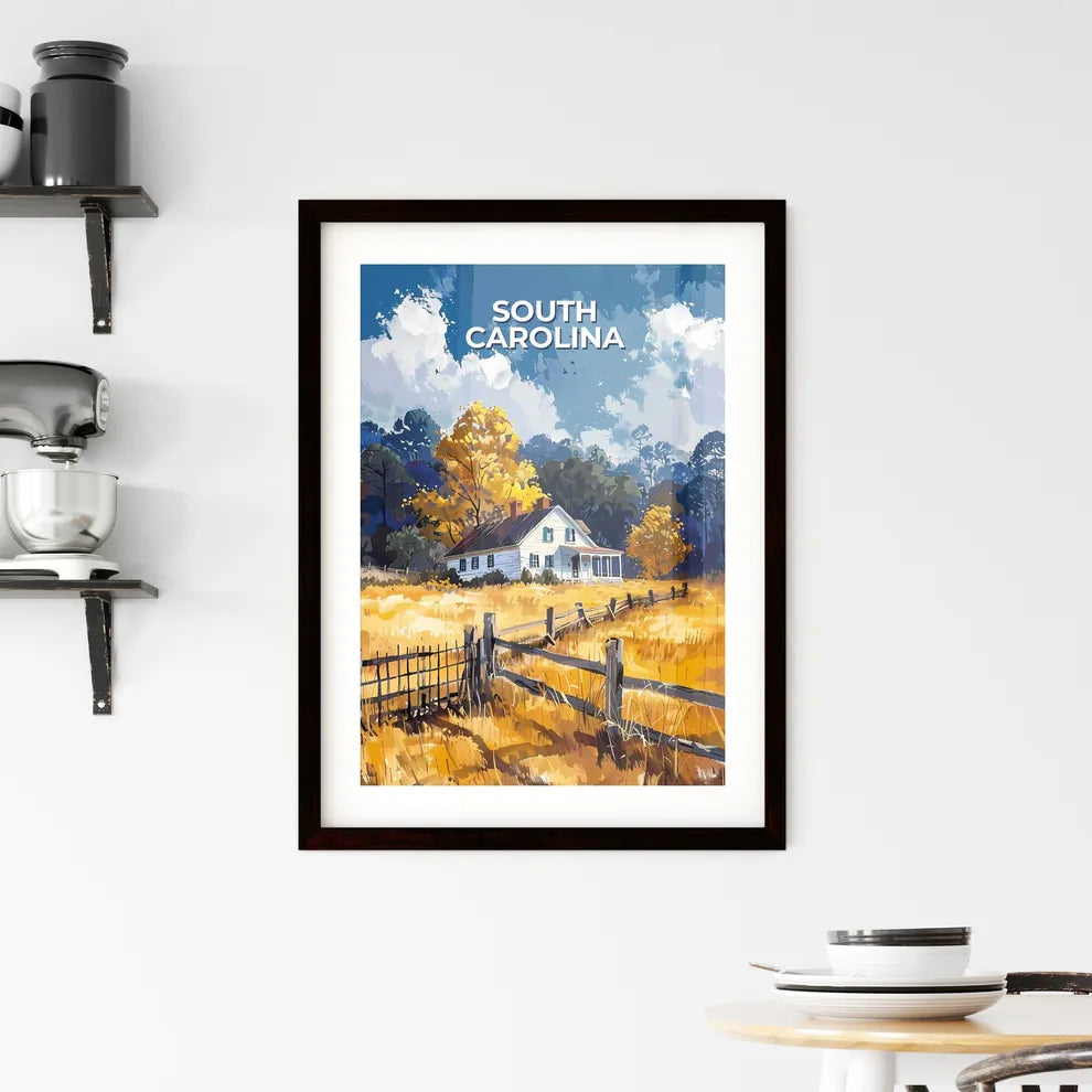Vibrant Landscape Painting: South Carolina Field House with Trees and Fence Custom Print