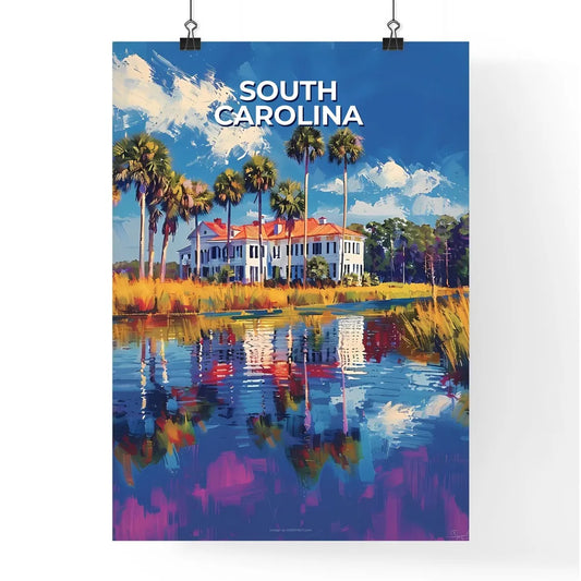 Vibrant South Carolina House Painting with Palm Trees and Water Poster