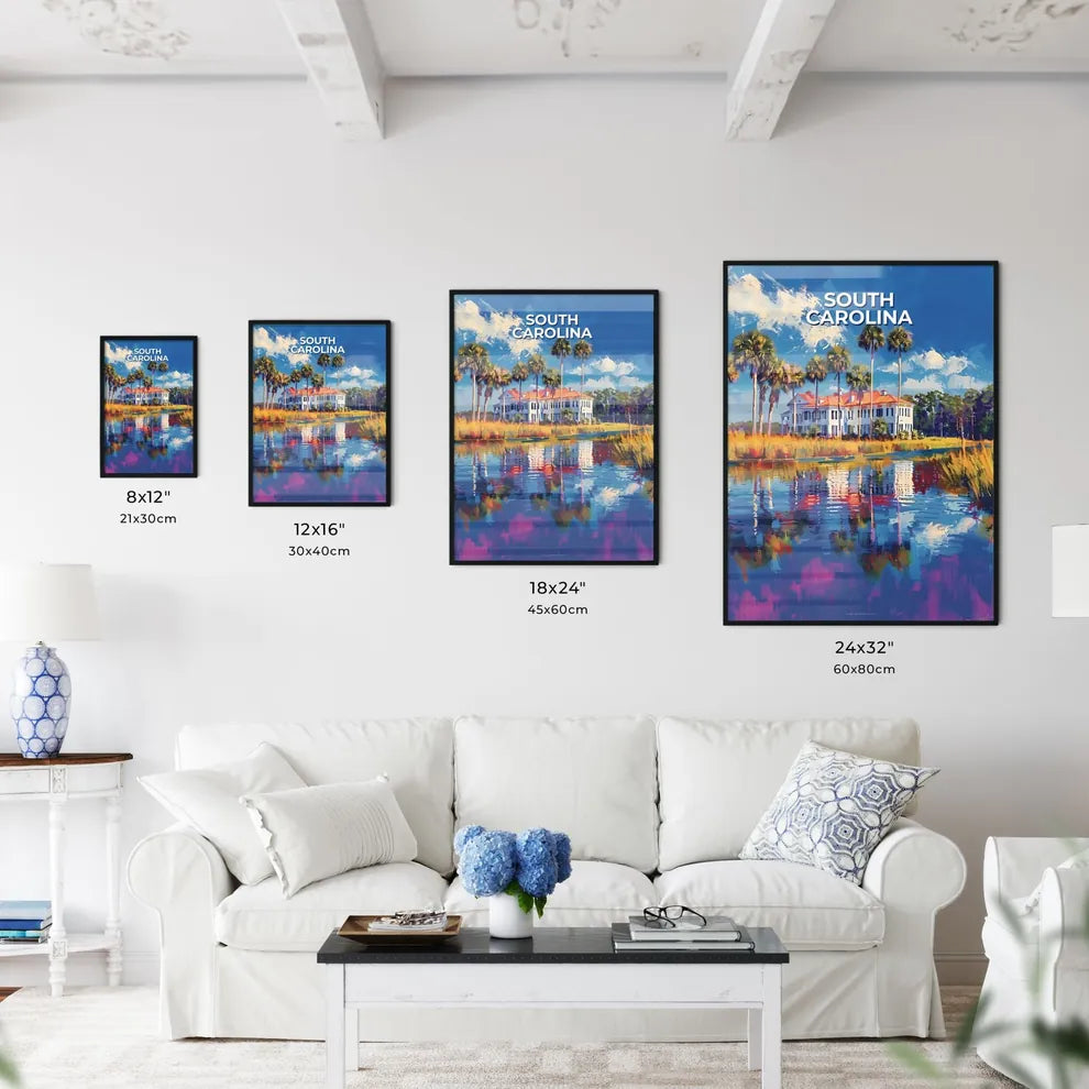 Vibrant South Carolina House Painting with Palm Trees and Water Size Chart