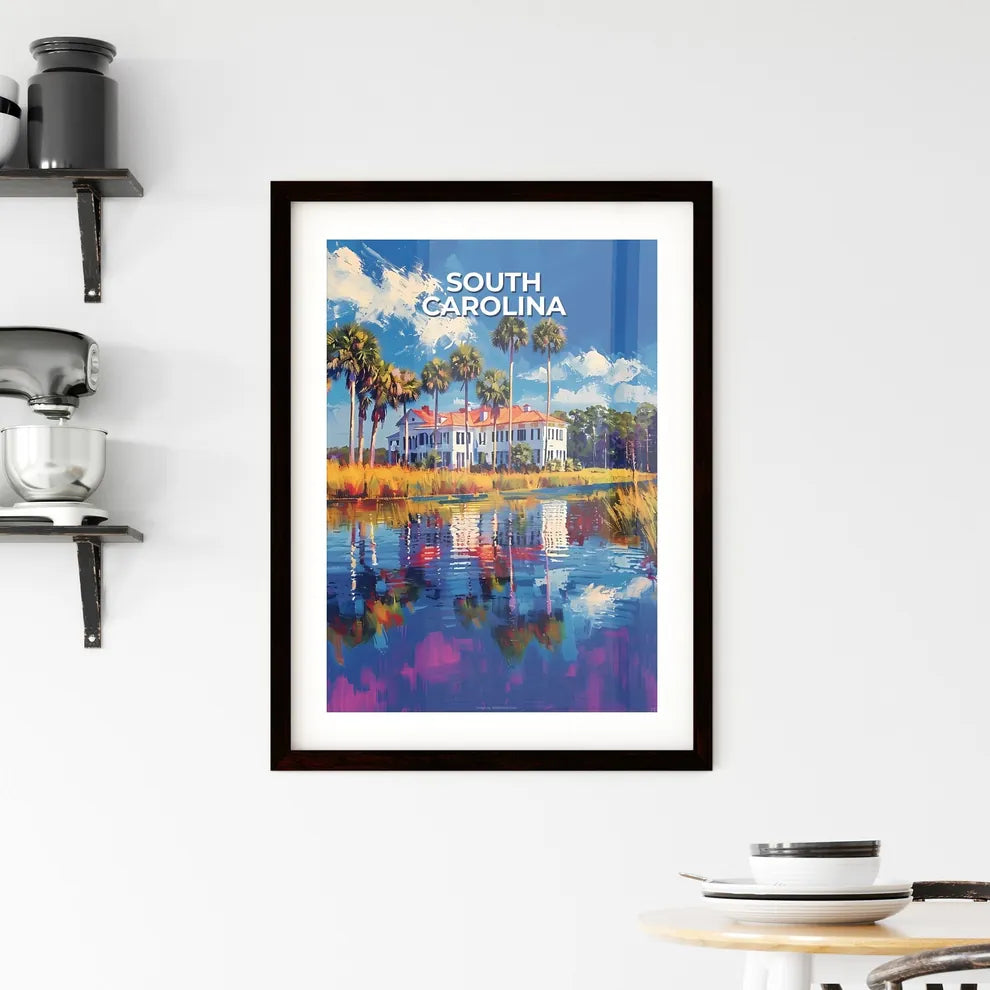 Vibrant South Carolina House Painting with Palm Trees and Water Custom Print