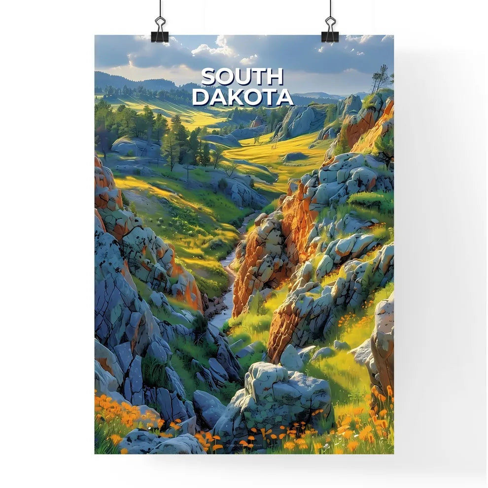 Vibrant Digital Painting of Rocky Hills Poster