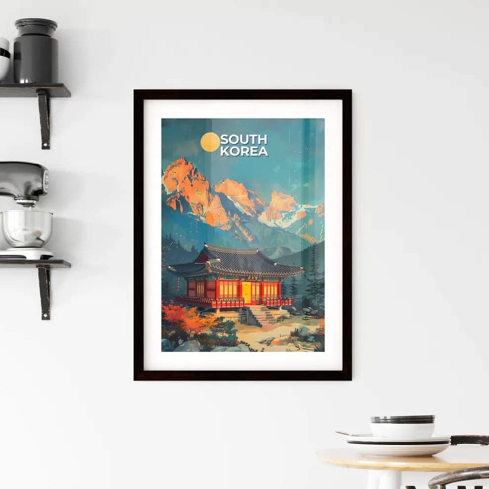 Modern Vibrant Korean Painting of Building Amidst Mountains East Asia Artwork Custom Print