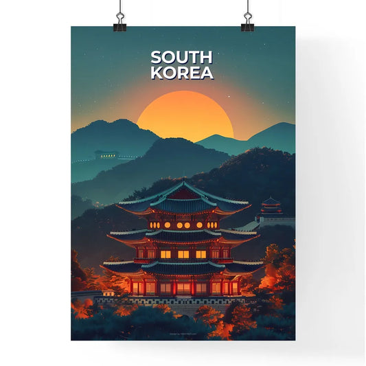 Vibrant Korean Art: Building Painting with Sun Motif, South East Asia, East Asia Poster