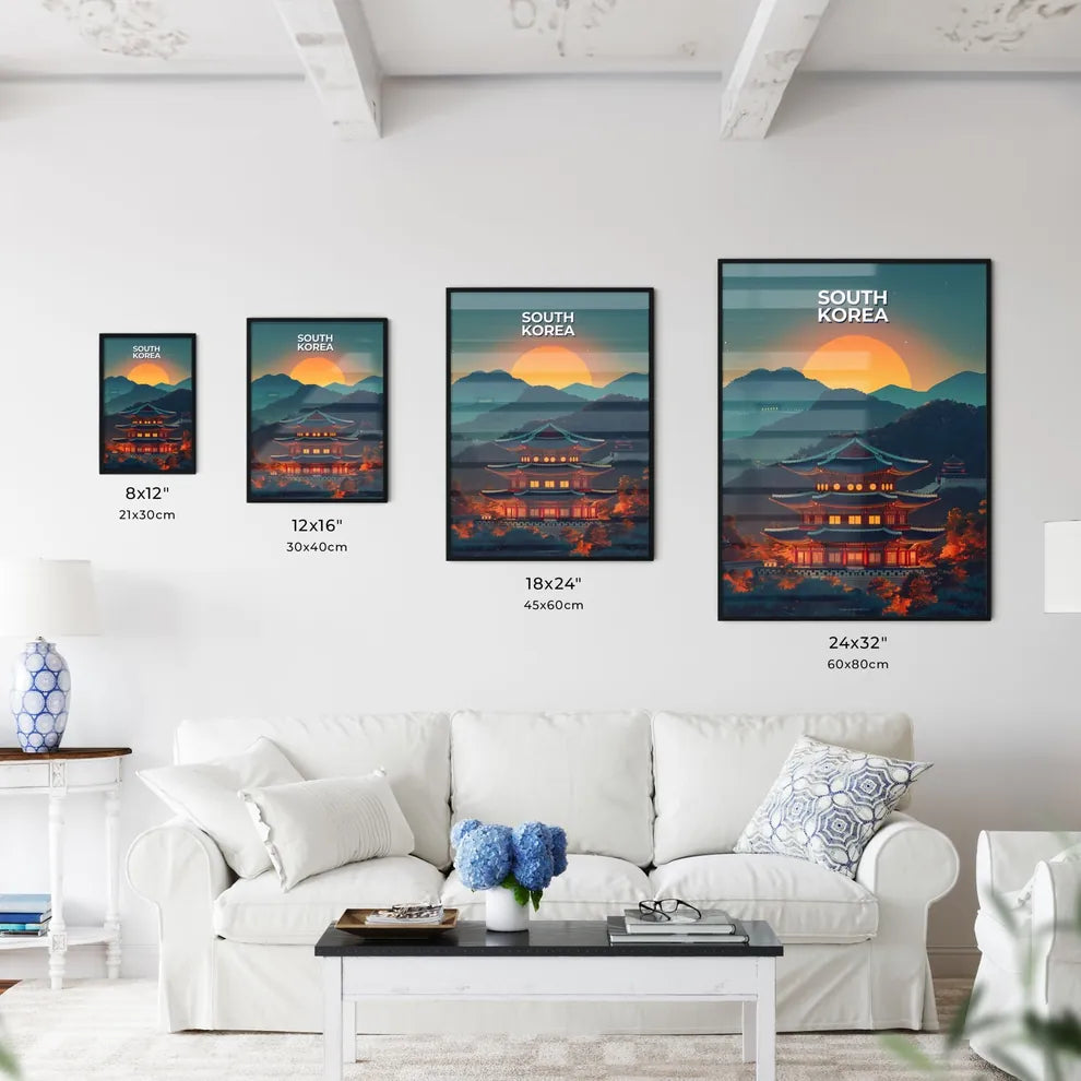 Vibrant Korean Art: Building Painting with Sun Motif, South East Asia, East Asia Size Chart