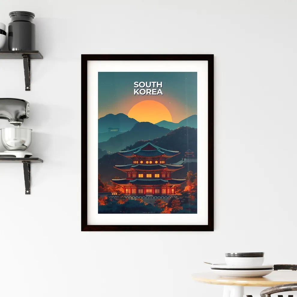 Vibrant Korean Art: Building Painting with Sun Motif, South East Asia, East Asia Custom Print
