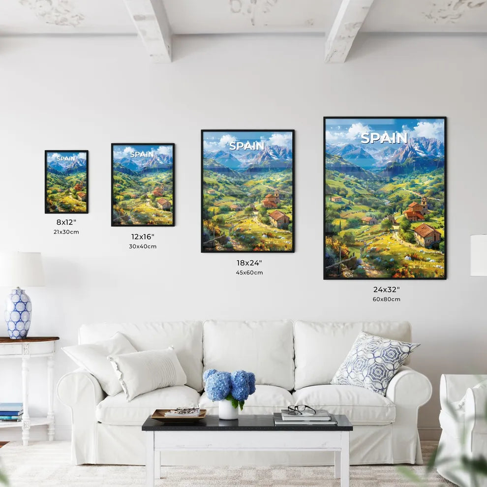 Vibrant Painting of a Valley with Houses and Mountains in Spain Size Chart