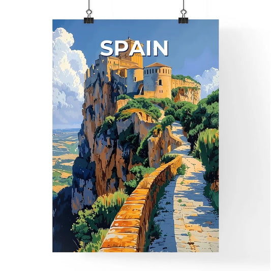 Spain, Europe - Stone Path to Majestic Clifftop Castle: A Vibrant Brushstroke Masterpiece Poster
